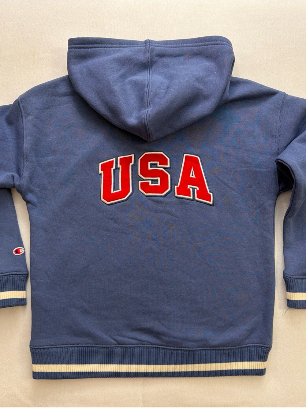 USA Team Champion Blue Hooded Sweatshirt with Cream Stripe Accents